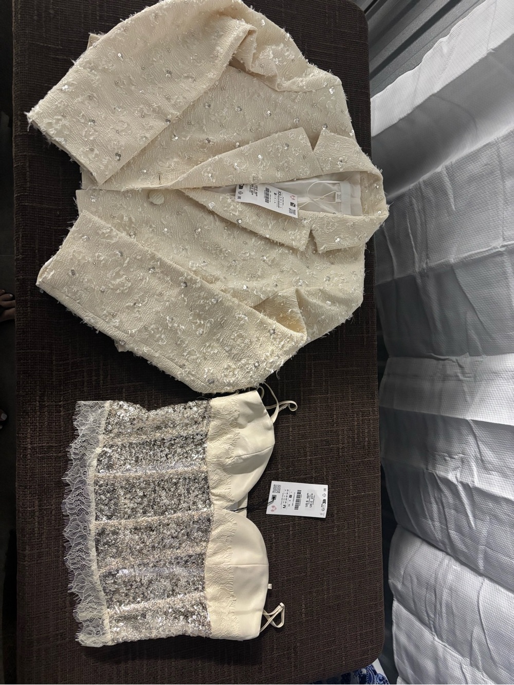 NWT Zara Sequin Tweed Blazer & Corset Cami Set | Ivory/Cream | Retail $148